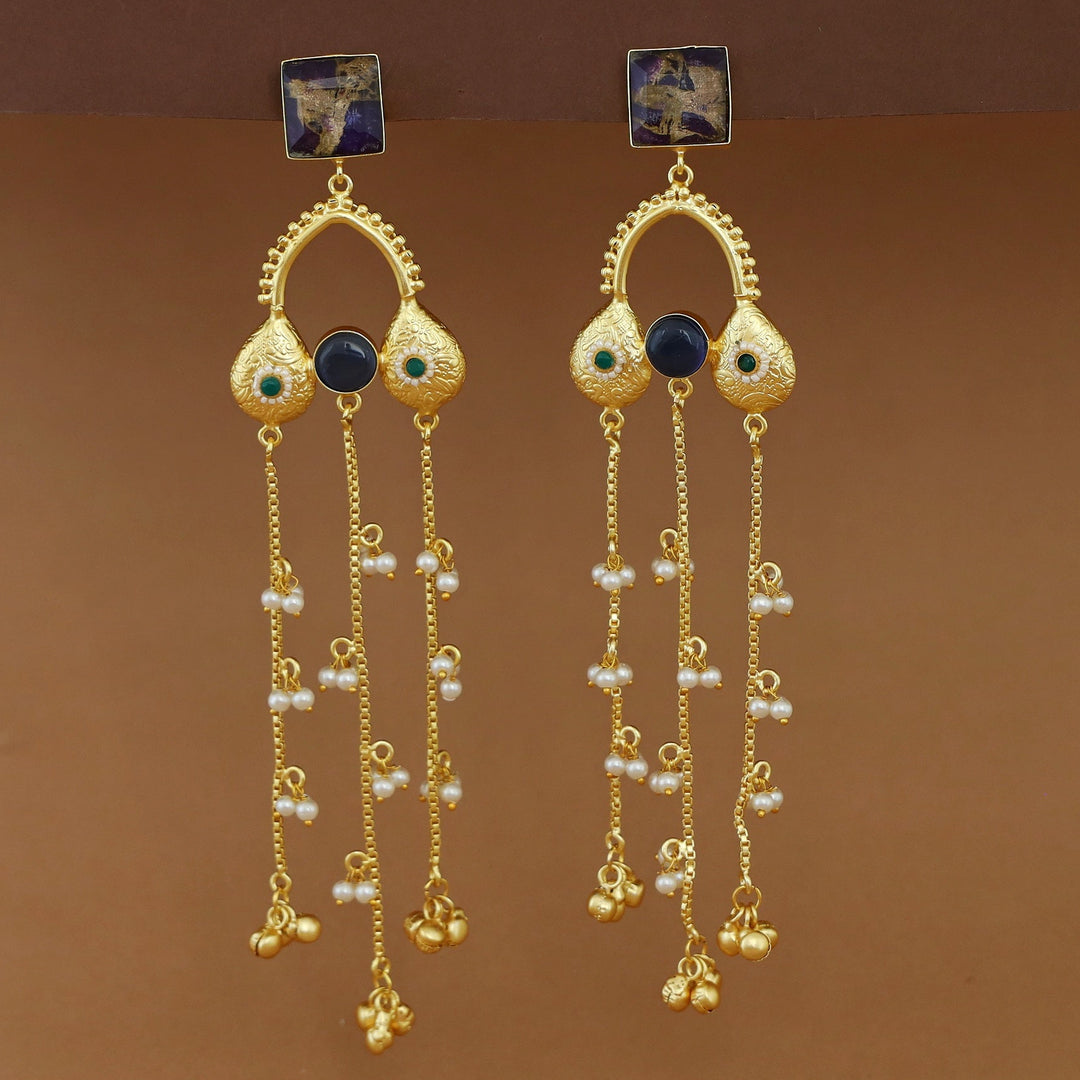 Tithi Golden Hanging Pearl Ghungroo Kashmiri Earring
