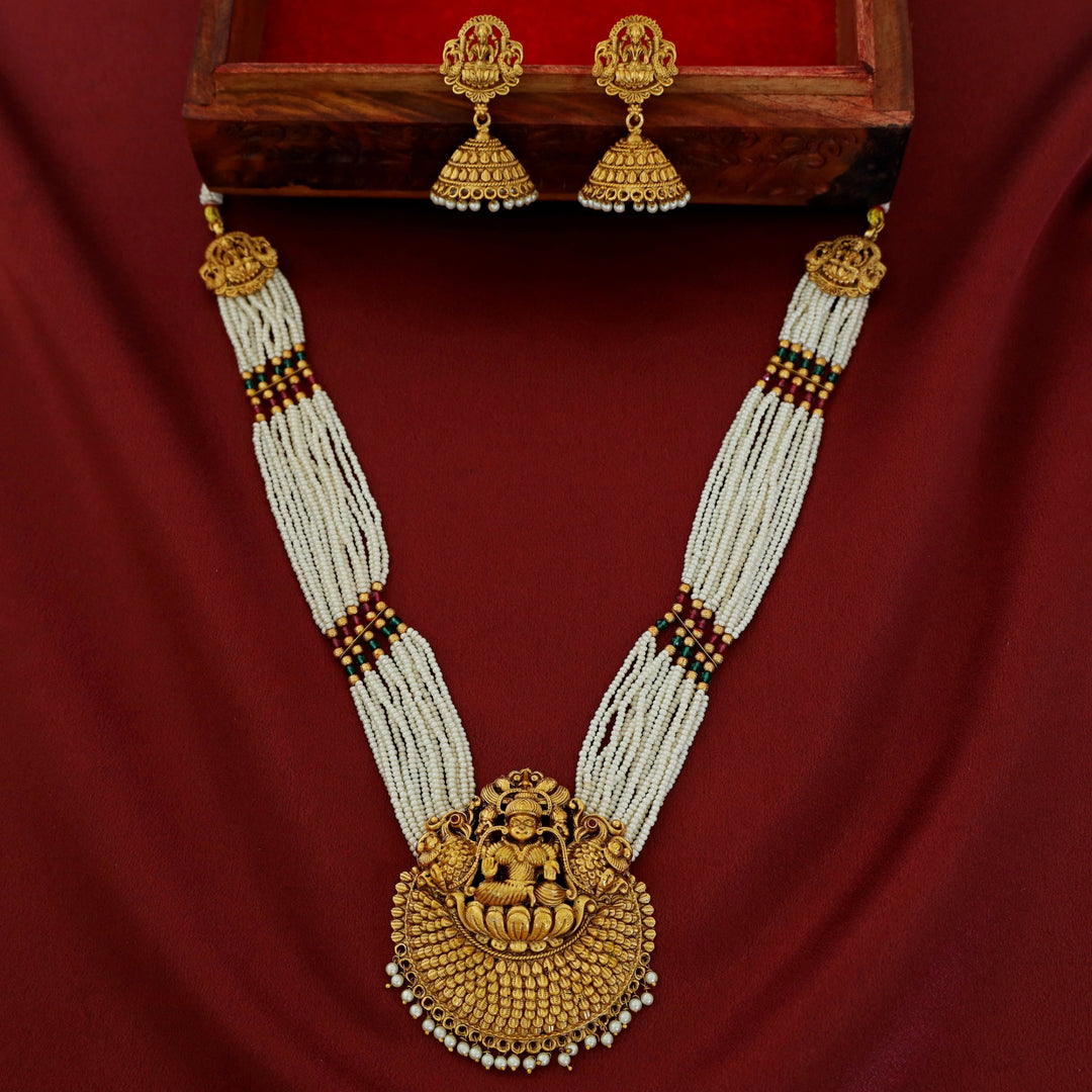 Layered Pearl Lakshmi Haram Neckpiece With Earring