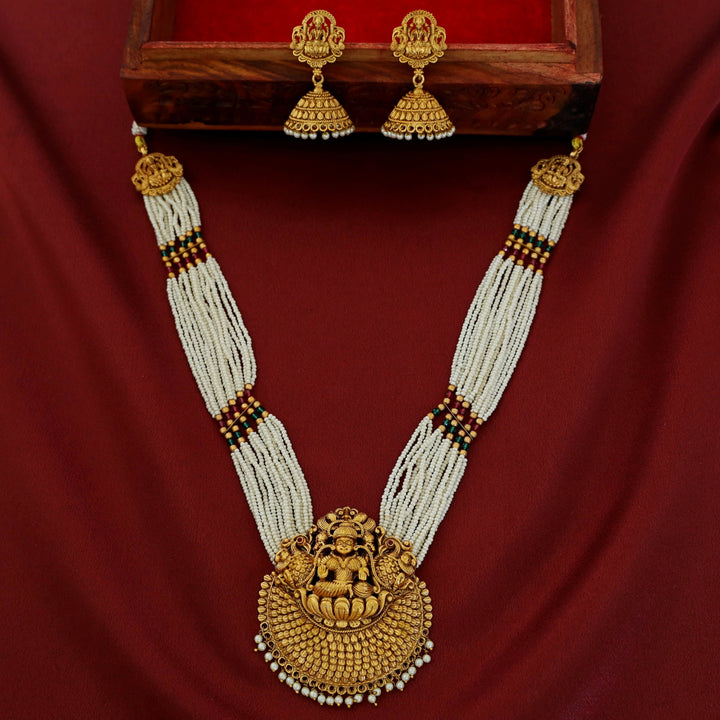 Layered Pearl Lakshmi Haram Neckpiece With Earring