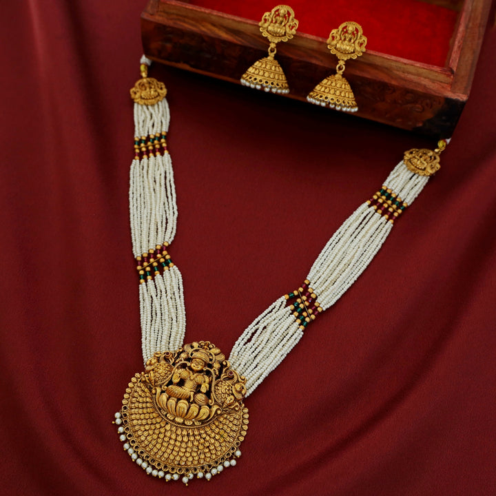 Layered Pearl Lakshmi Haram Neckpiece With Earring