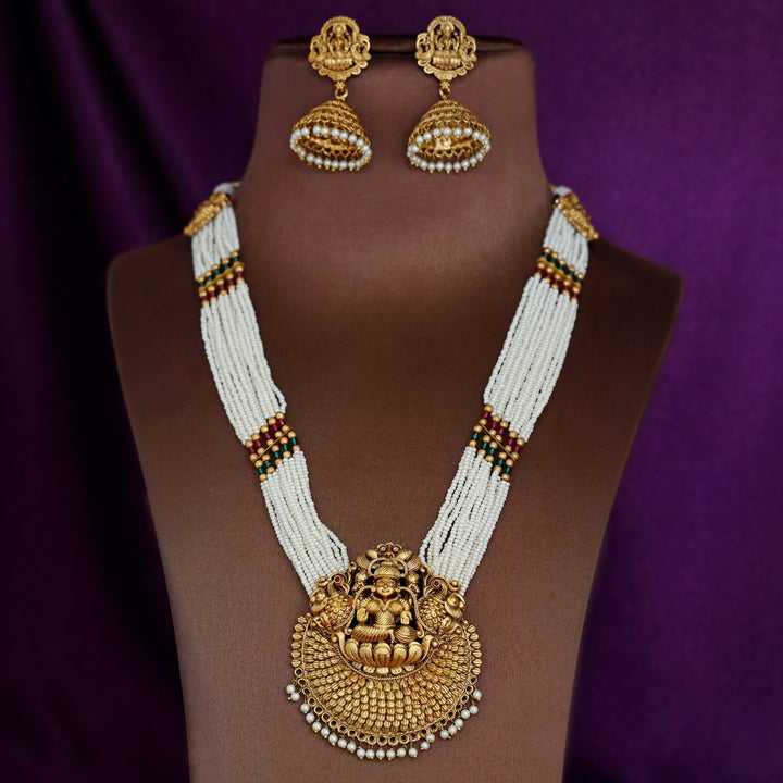 Layered Pearl Lakshmi Haram Neckpiece With Earring
