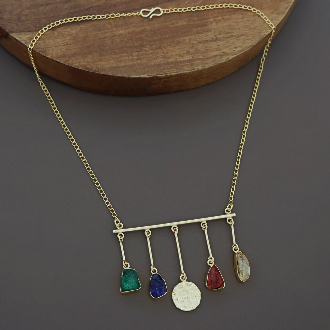 Aeliana Golden Hammered Stick Dyed + Raw Stone Neckpiece