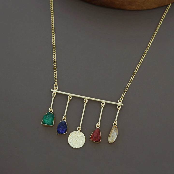 Aeliana Golden Hammered Stick Dyed + Raw Stone Neckpiece