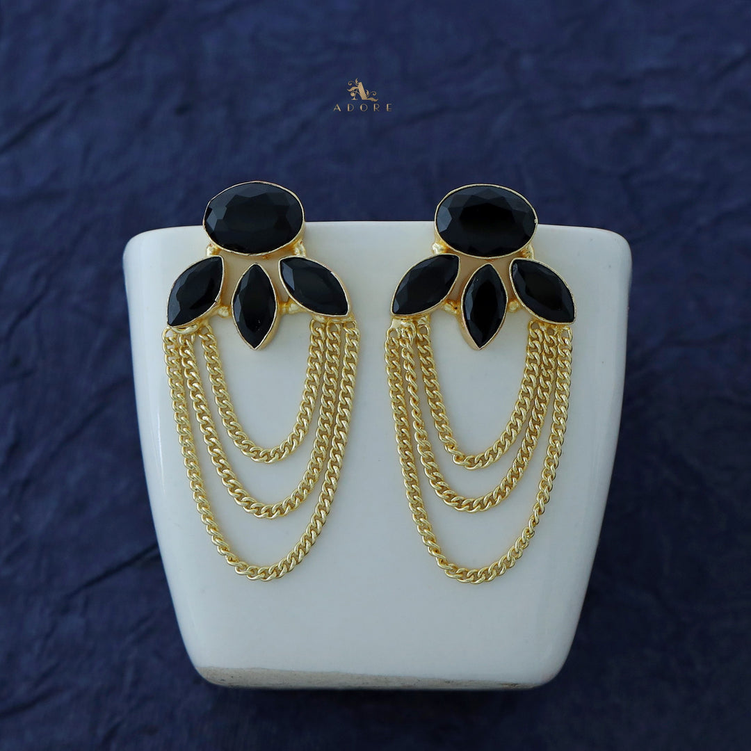 Glossy Oval Tri Leaf Chain Earring