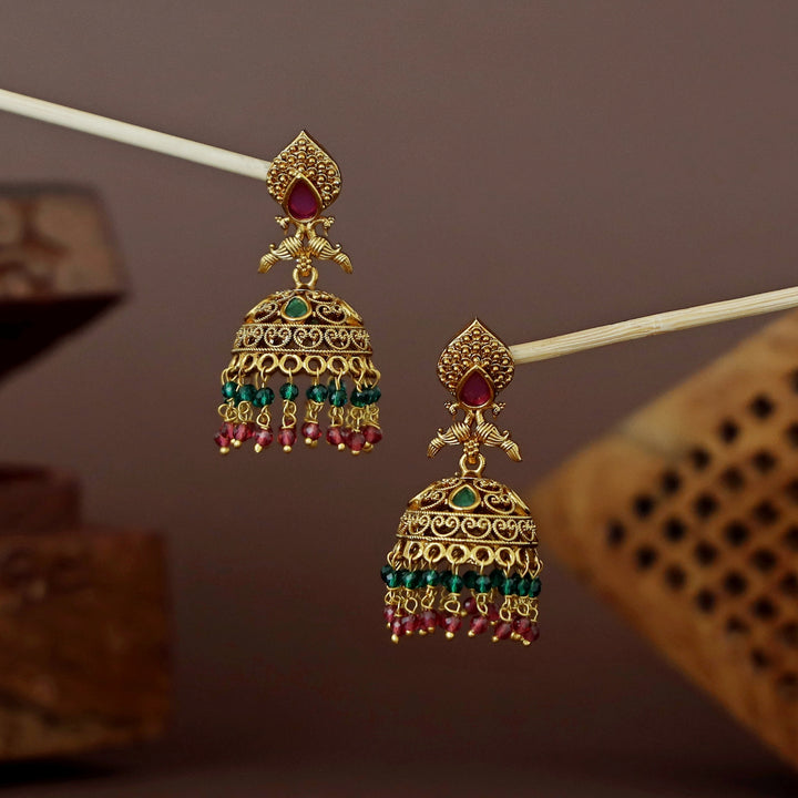 Lajita Golden Mayura Beaded Jhumka