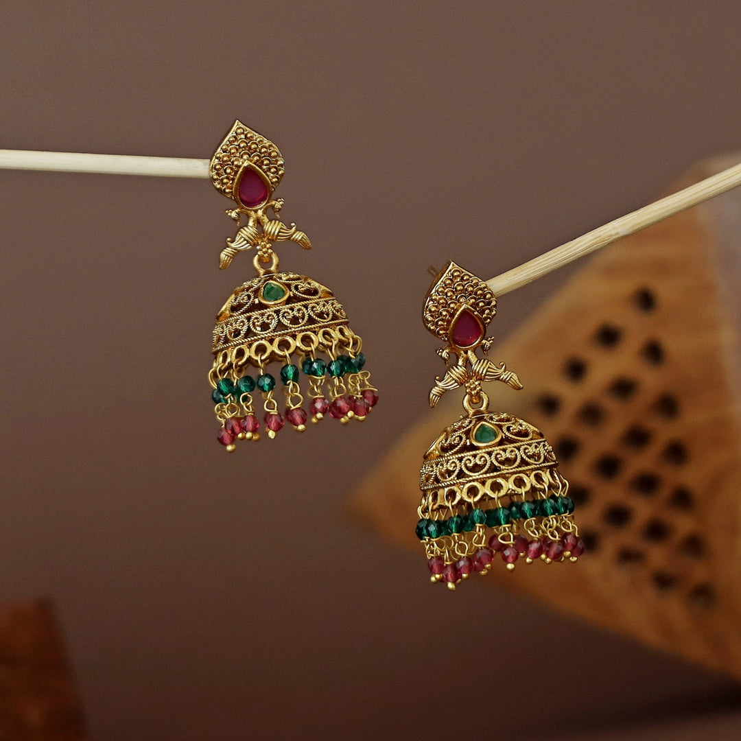 Lajita Golden Mayura Beaded Jhumka