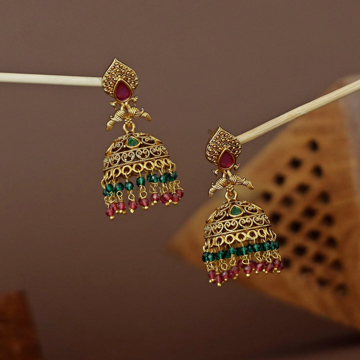 Lajita Golden Mayura Beaded Jhumka