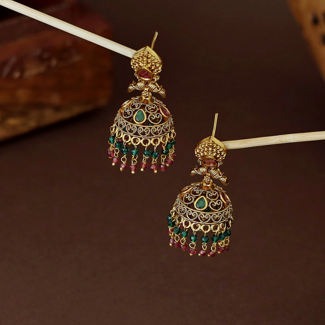 Lajita Golden Mayura Beaded Jhumka