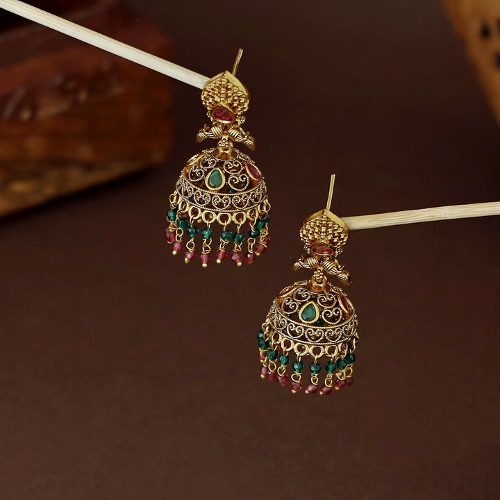 Lajita Golden Mayura Beaded Jhumka