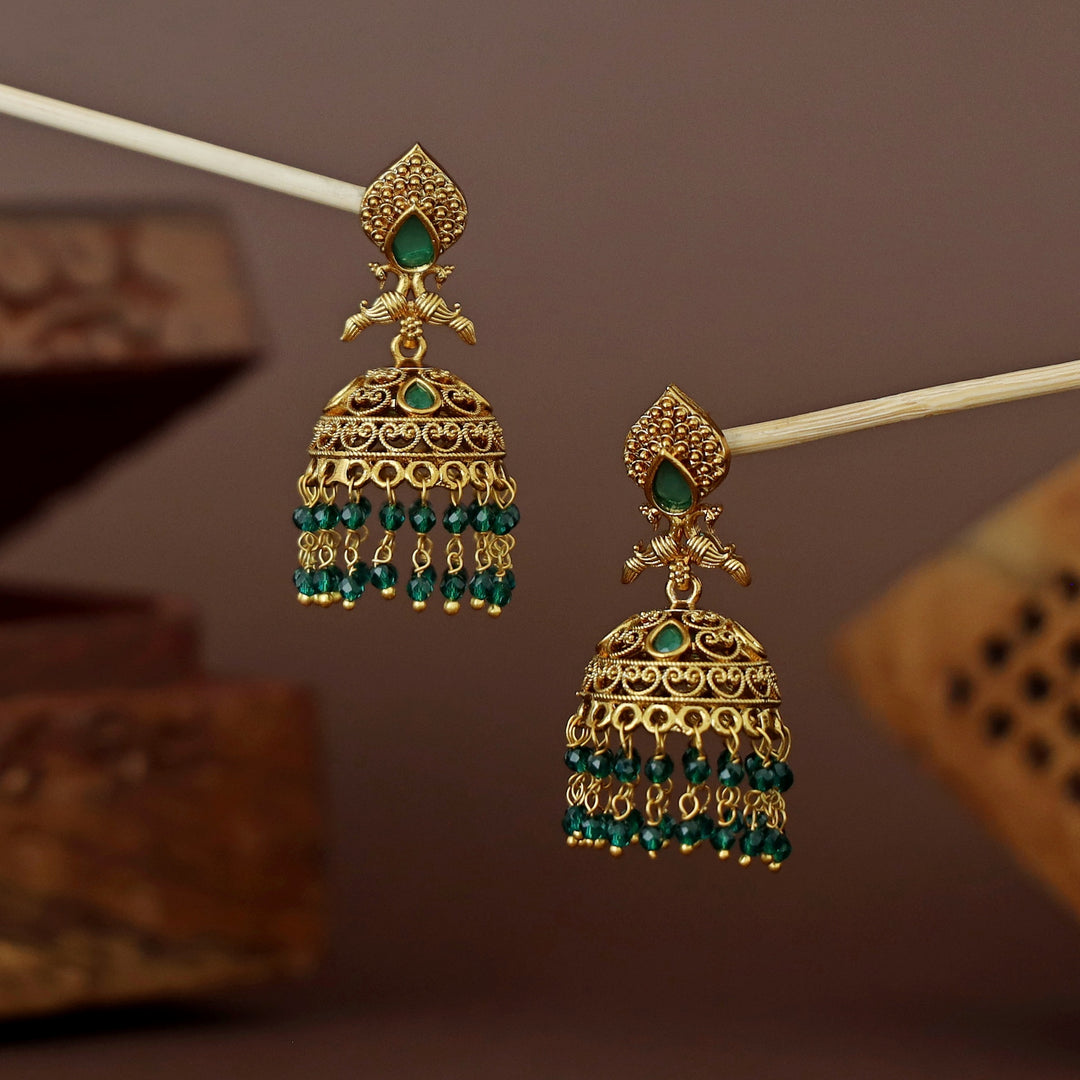 Lajita Golden Mayura Beaded Jhumka