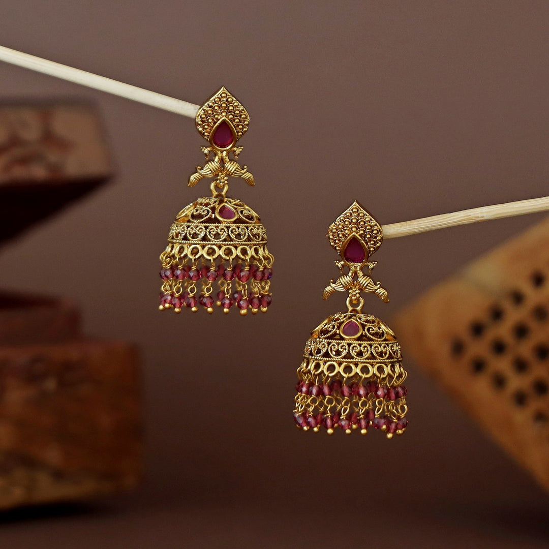 Lajita Golden Mayura Beaded Jhumka