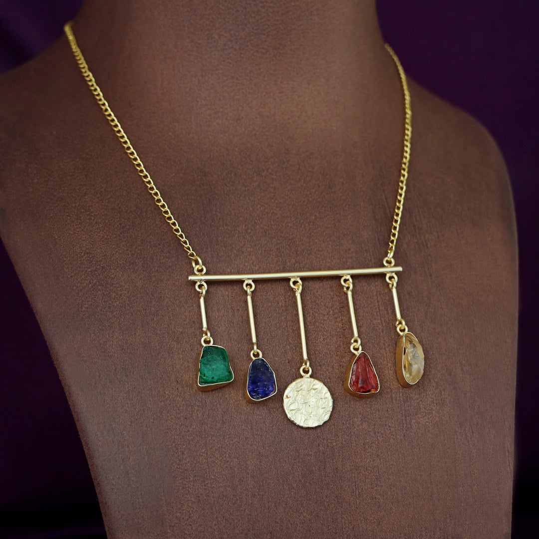 Aeliana Golden Hammered Stick Dyed + Raw Stone Neckpiece