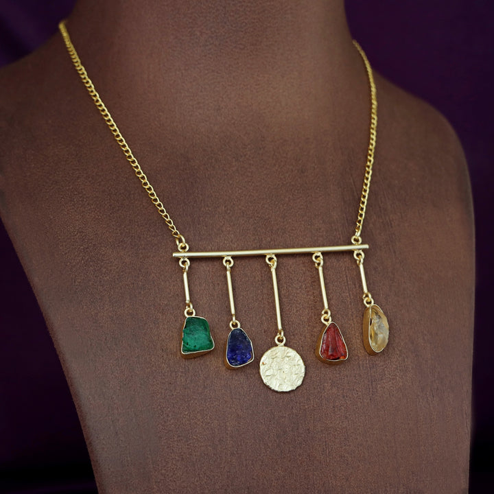 Aeliana Golden Hammered Stick Dyed + Raw Stone Neckpiece