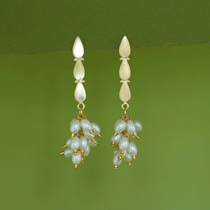Kamya Golden Tri Drop Bunch Rice Pearl Earring