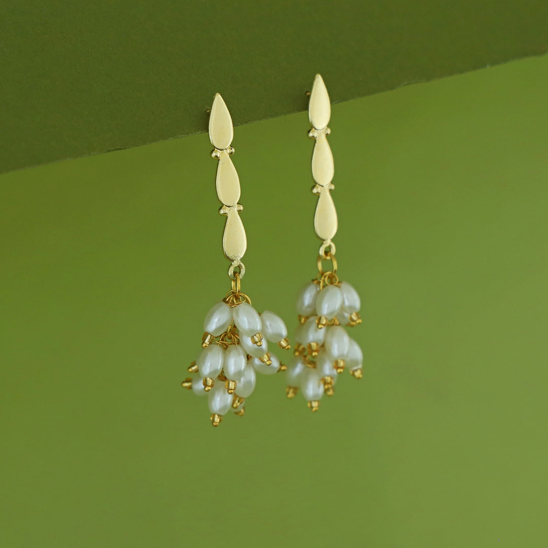 Kamya Golden Tri Drop Bunch Rice Pearl Earring