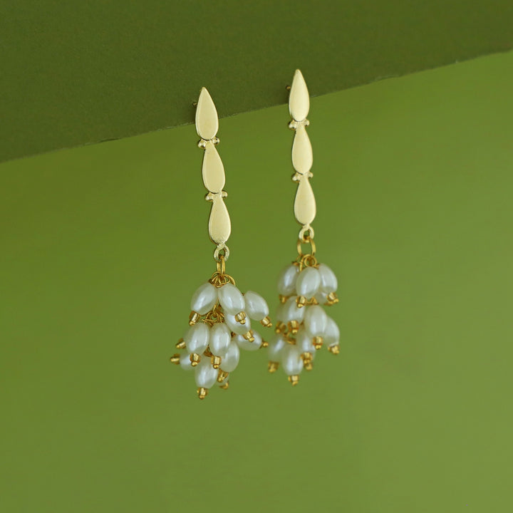 Kamya Golden Tri Drop Bunch Rice Pearl Earring