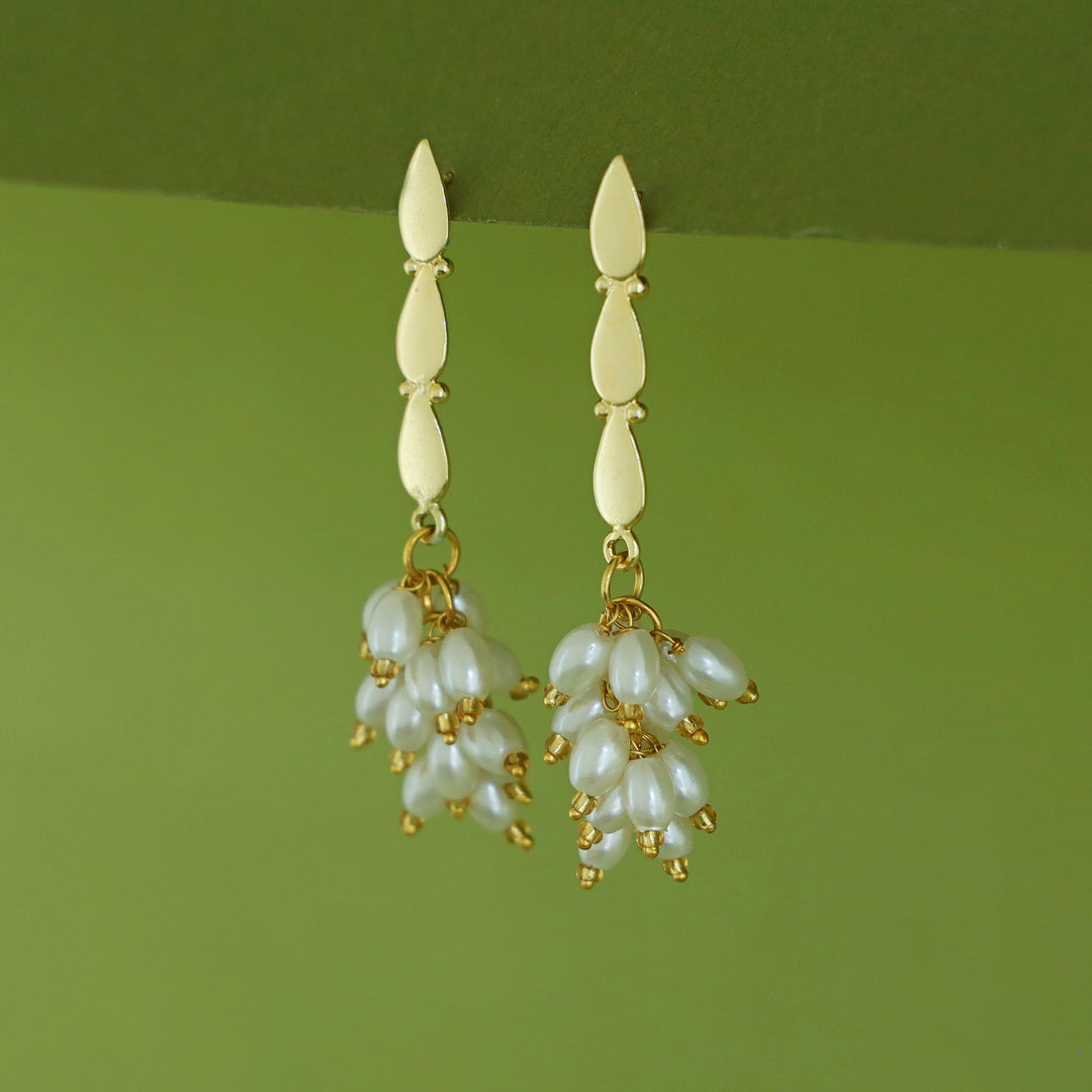 Kamya Golden Tri Drop Bunch Rice Pearl Earring