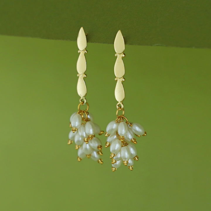 Kamya Golden Tri Drop Bunch Rice Pearl Earring