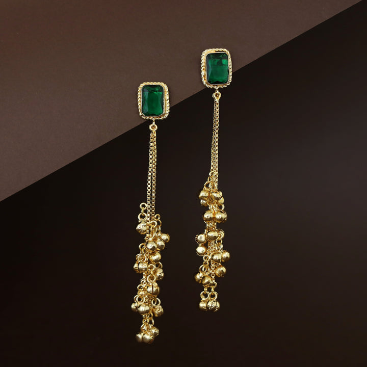 Atiya Golden Hanging Ghungroo Rectangle Glossy Stone Earring