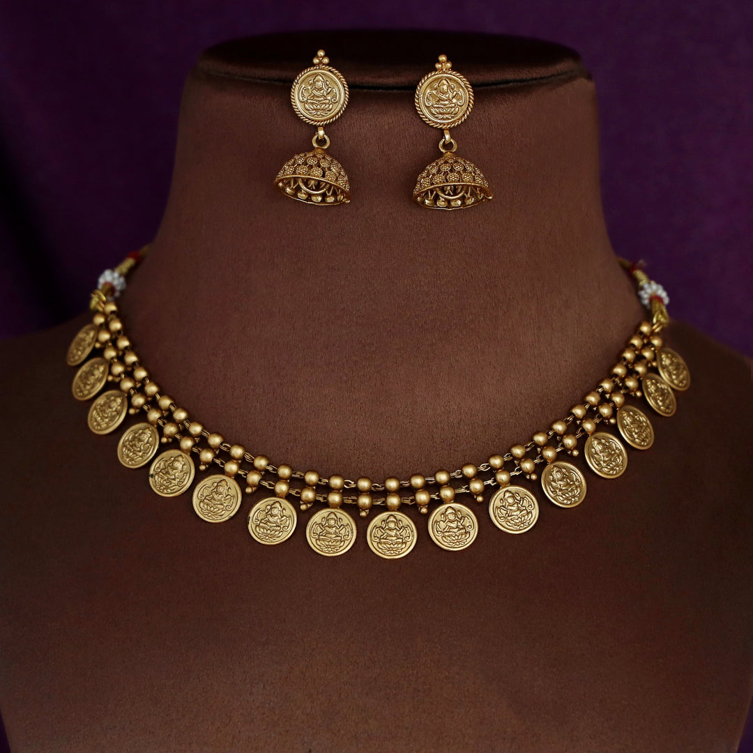 Two Layer Golden Ball Kashi Lakshmi Neckpiece With Earring