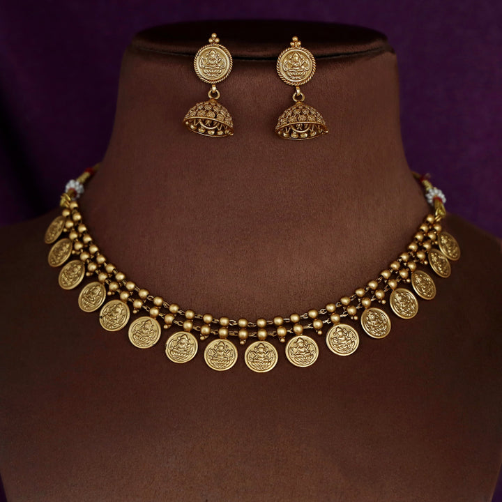 Two Layer Golden Ball Kashi Lakshmi Neckpiece With Earring