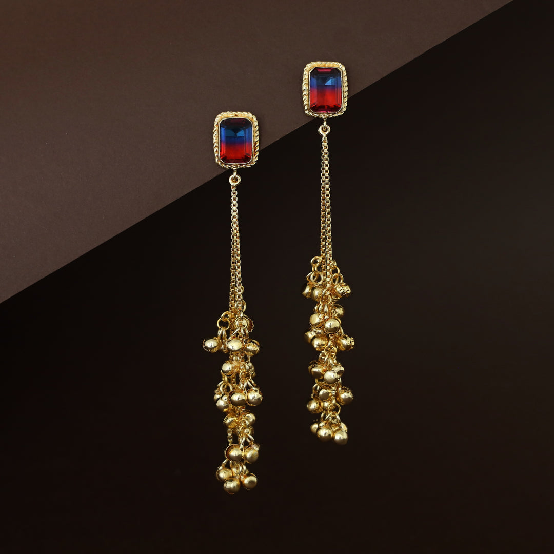 Atiya Golden Hanging Ghungroo Rectangle Glossy Stone Earring