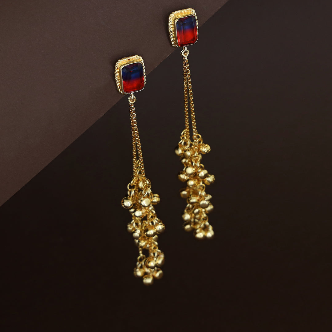 Atiya Golden Hanging Ghungroo Rectangle Glossy Stone Earring