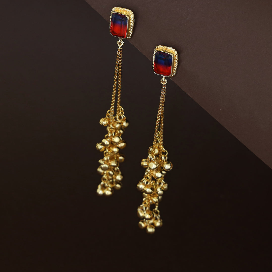 Atiya Golden Hanging Ghungroo Rectangle Glossy Stone Earring