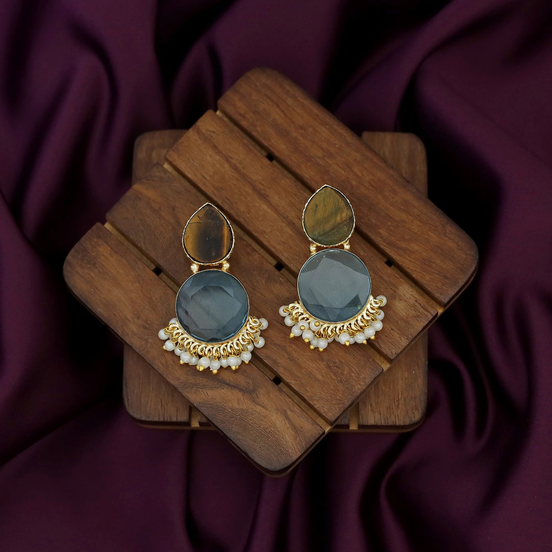 Tilak Drop Circle Raw + Glossy Stone Cluster Pearl Earring