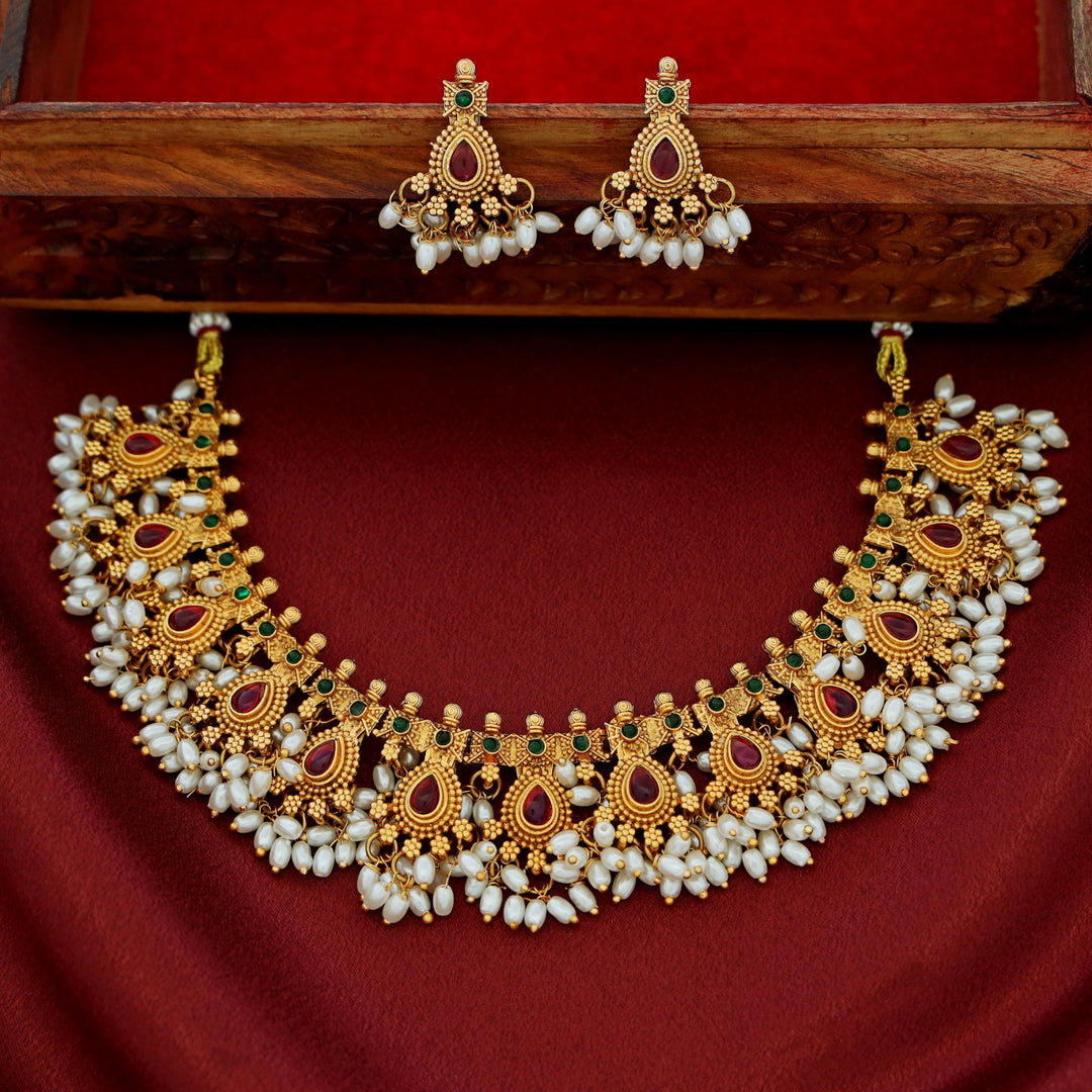 Mayurakshi Golden Rice Pearl Short Neckpiece With Earring