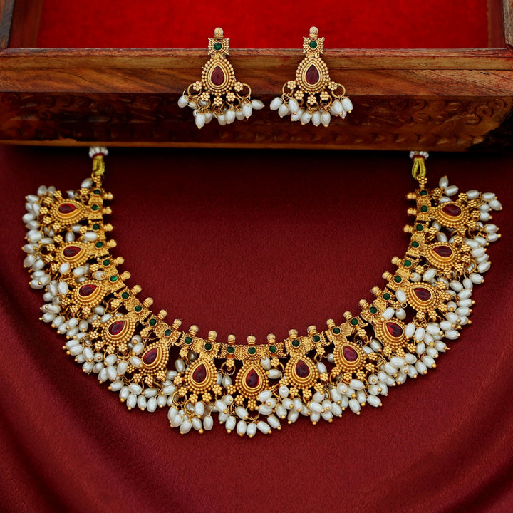 Mayurakshi Golden Rice Pearl Short Neckpiece With Earring