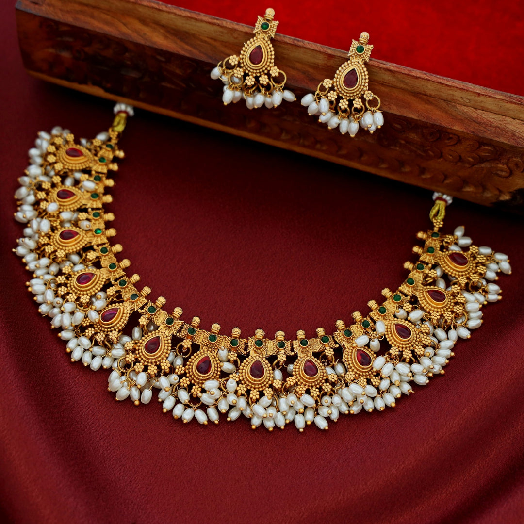 Mayurakshi Golden Rice Pearl Short Neckpiece With Earring