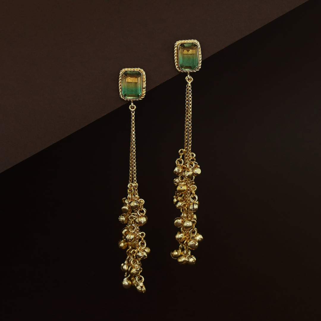 Atiya Golden Hanging Ghungroo Rectangle Glossy Stone Earring