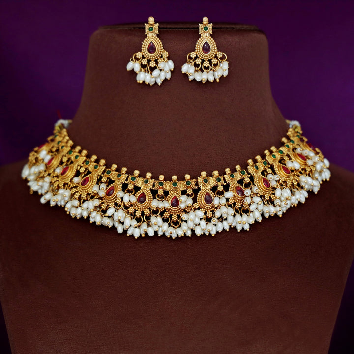 Mayurakshi Golden Rice Pearl Short Neckpiece With Earring