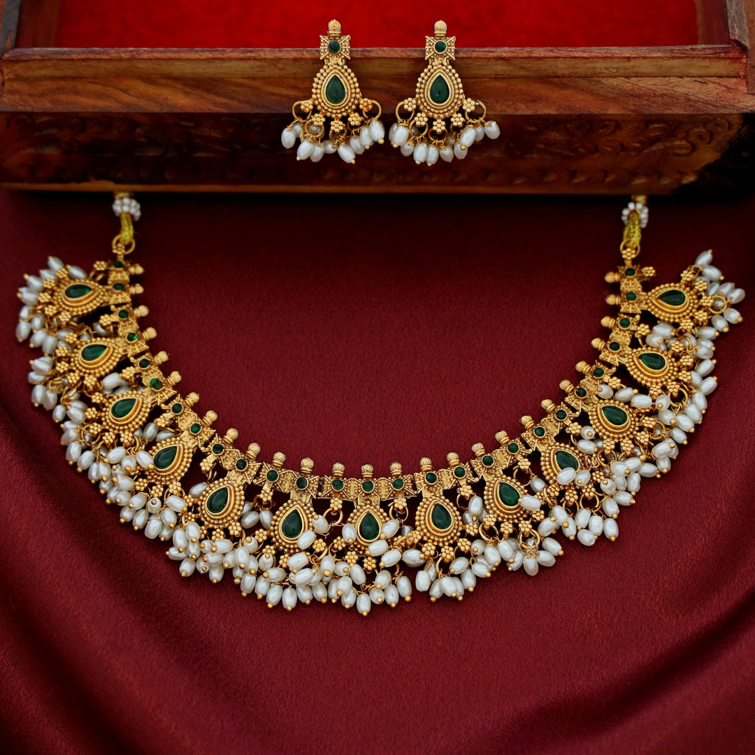 Mayurakshi Golden Rice Pearl Short Neckpiece With Earring