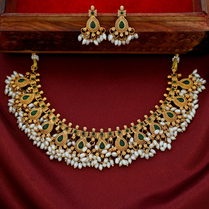 Mayurakshi Golden Rice Pearl Short Neckpiece With Earring