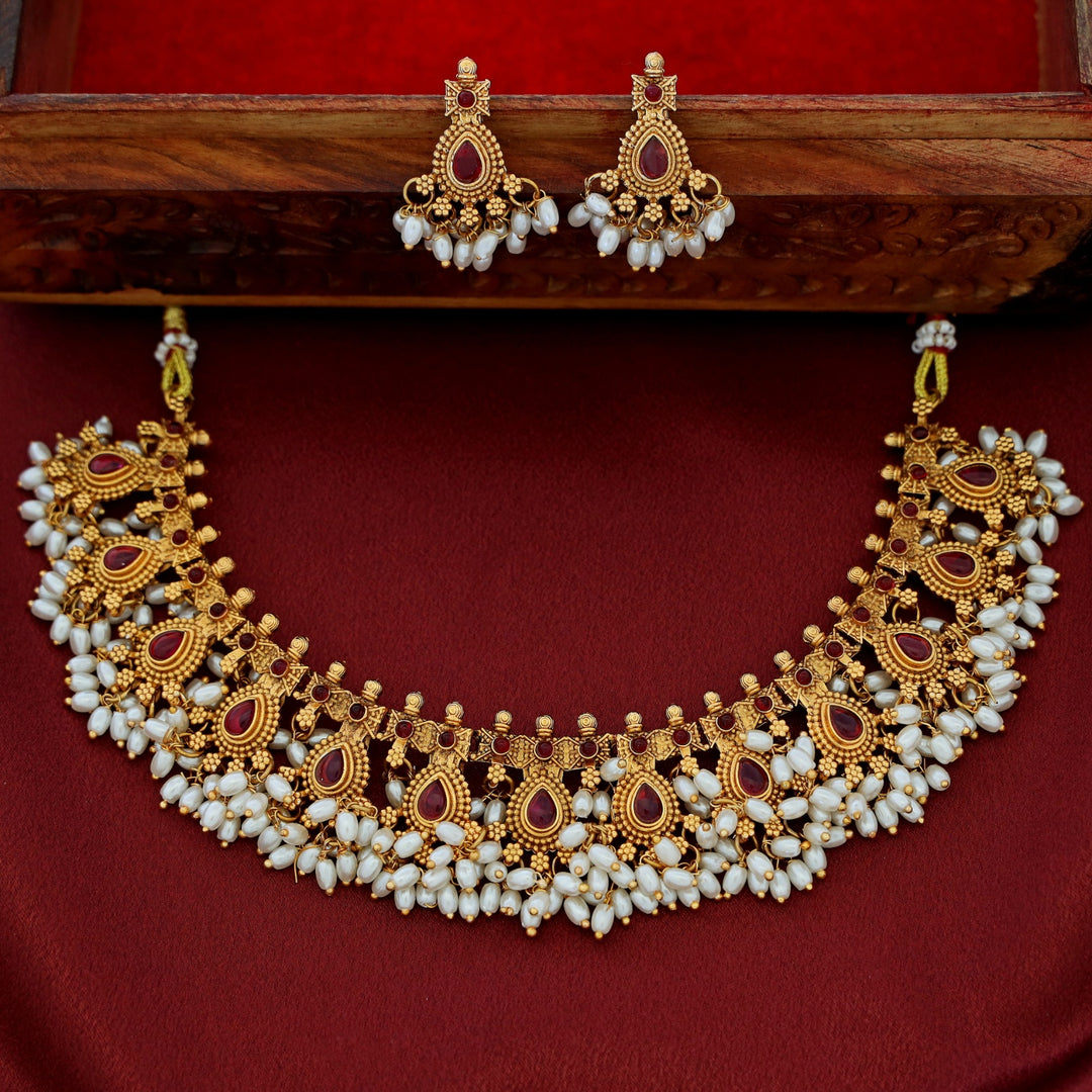 Mayurakshi Golden Rice Pearl Short Neckpiece With Earring