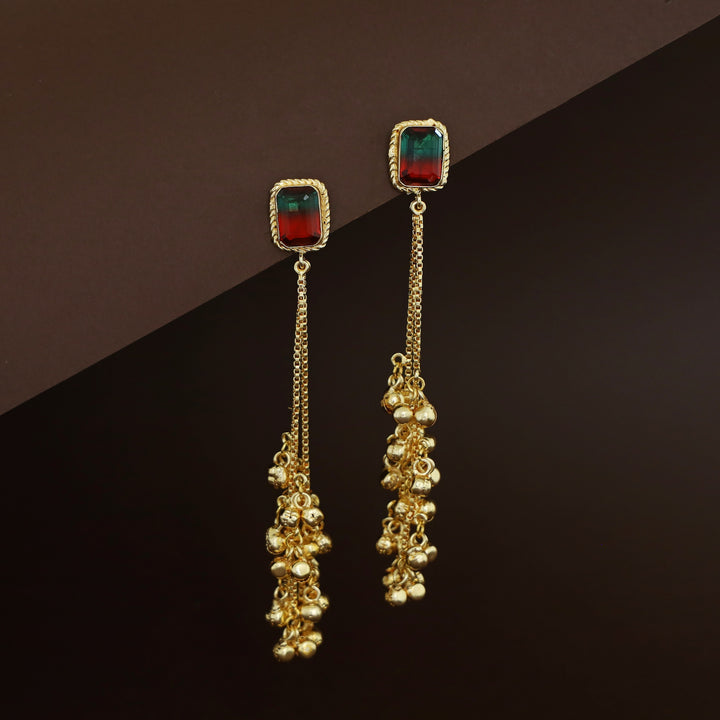 Atiya Golden Hanging Ghungroo Rectangle Glossy Stone Earring