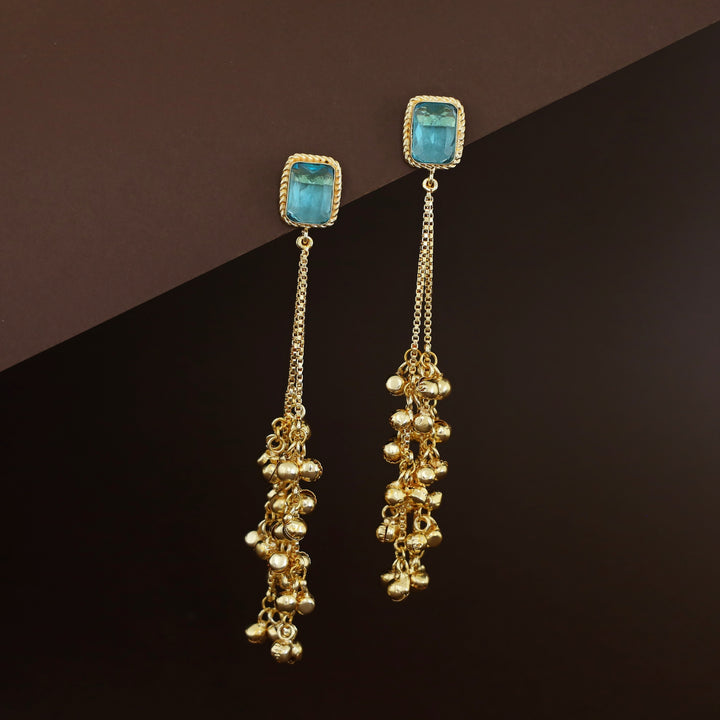 Atiya Golden Hanging Ghungroo Rectangle Glossy Stone Earring