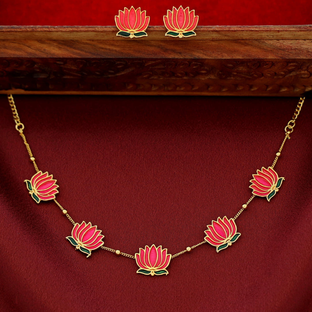 Golden Ball Advaita Enamel Lotus Short Neckpiece / Choker With Earring