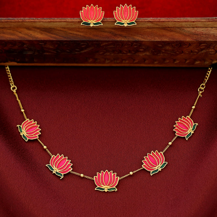 Golden Ball Advaita Enamel Lotus Short Neckpiece / Choker With Earring