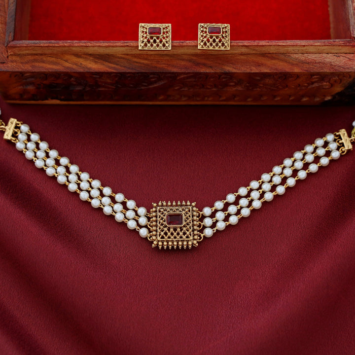 Avarnika 3 Layer Pearl Square Pendant Choker With Earring