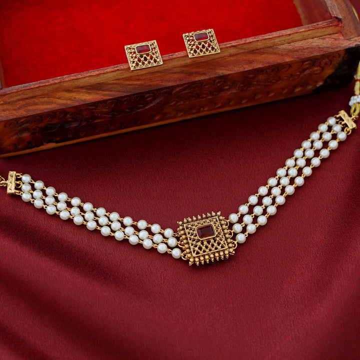 Avarnika 3 Layer Pearl Square Pendant Choker With Earring