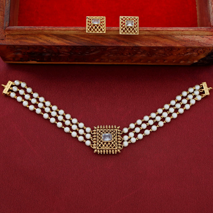 Avarnika 3 Layer Pearl Square Pendant Choker With Earring