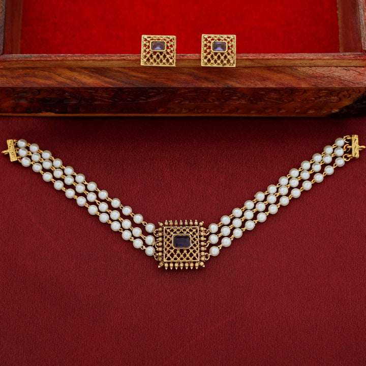 Avarnika 3 Layer Pearl Square Pendant Choker With Earring