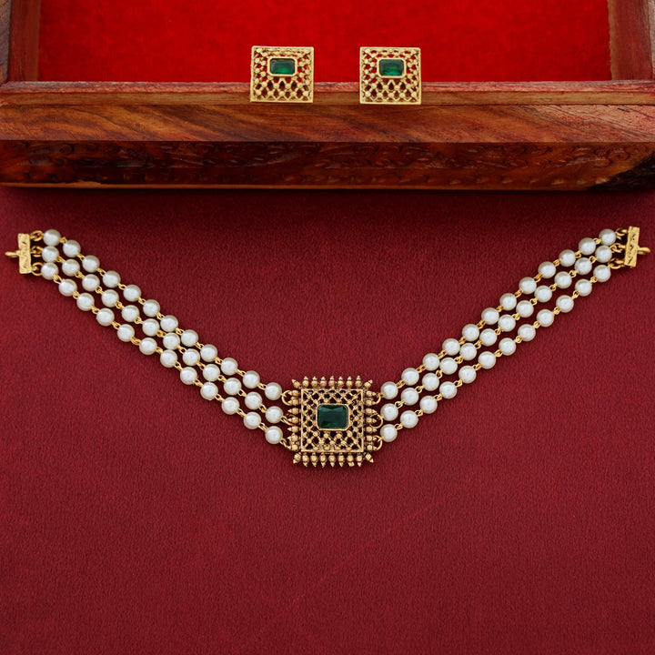 Avarnika 3 Layer Pearl Square Pendant Choker With Earring