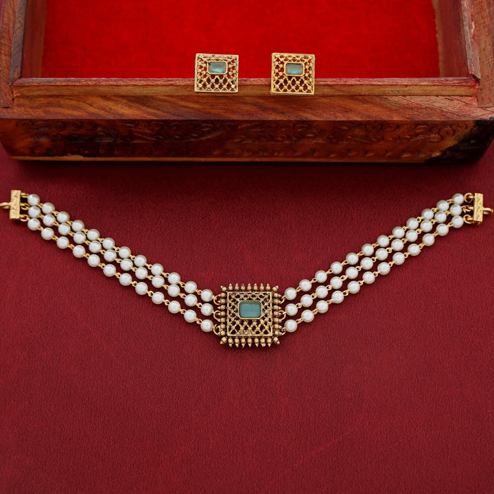 Avarnika 3 Layer Pearl Square Pendant Choker With Earring