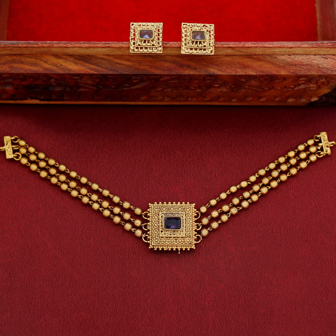 Avarnika 3 Layer Golden Ball Square Pendant Choker With Earring