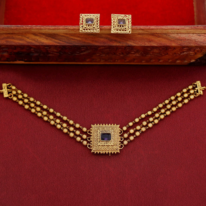 Avarnika 3 Layer Golden Ball Square Pendant Choker With Earring