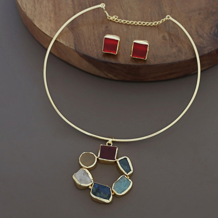 Raw Stone Golden Chakra Neck Cuff With Stud